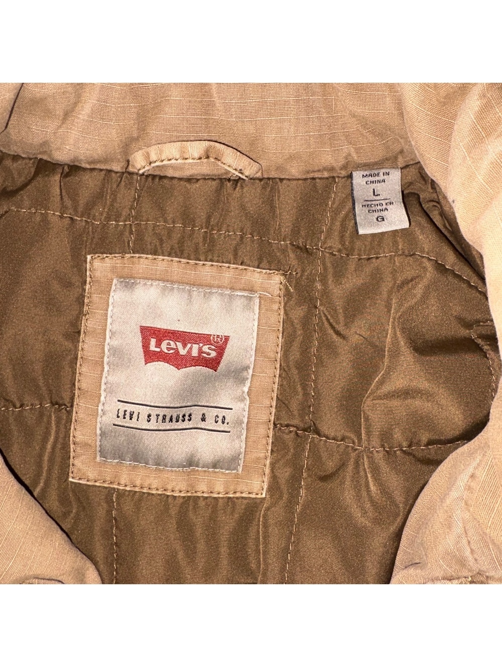 LEVI'S Field Jacket Men's Large Full Zip Tan RipStop Quilted Hooded Workwear - Picture 3 of 9